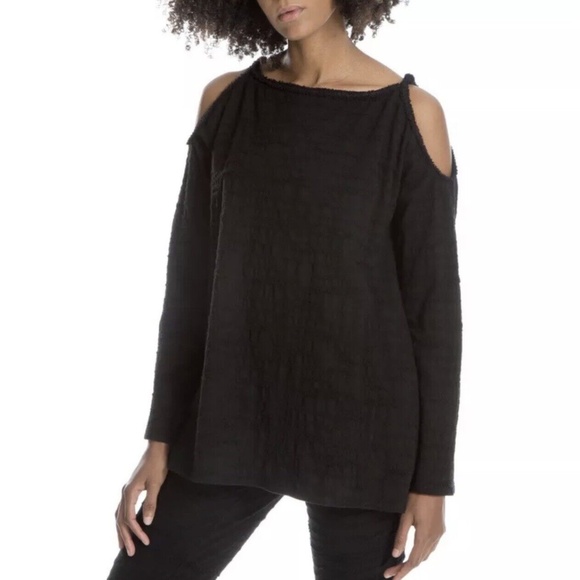 Max Studio London Size Medium Black Textured Sylvie Cold Shoulder Pullover Top - Picture 12 of 12